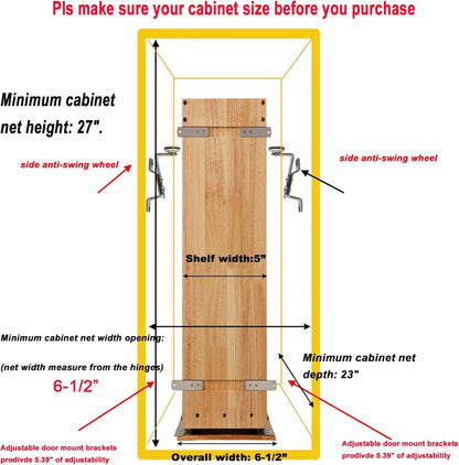 DINDON Pull Out Spice Rack Organizer for Cabinet, (5" W x 21.9" D x 25.2" H) Multi-Use Wood Pull
