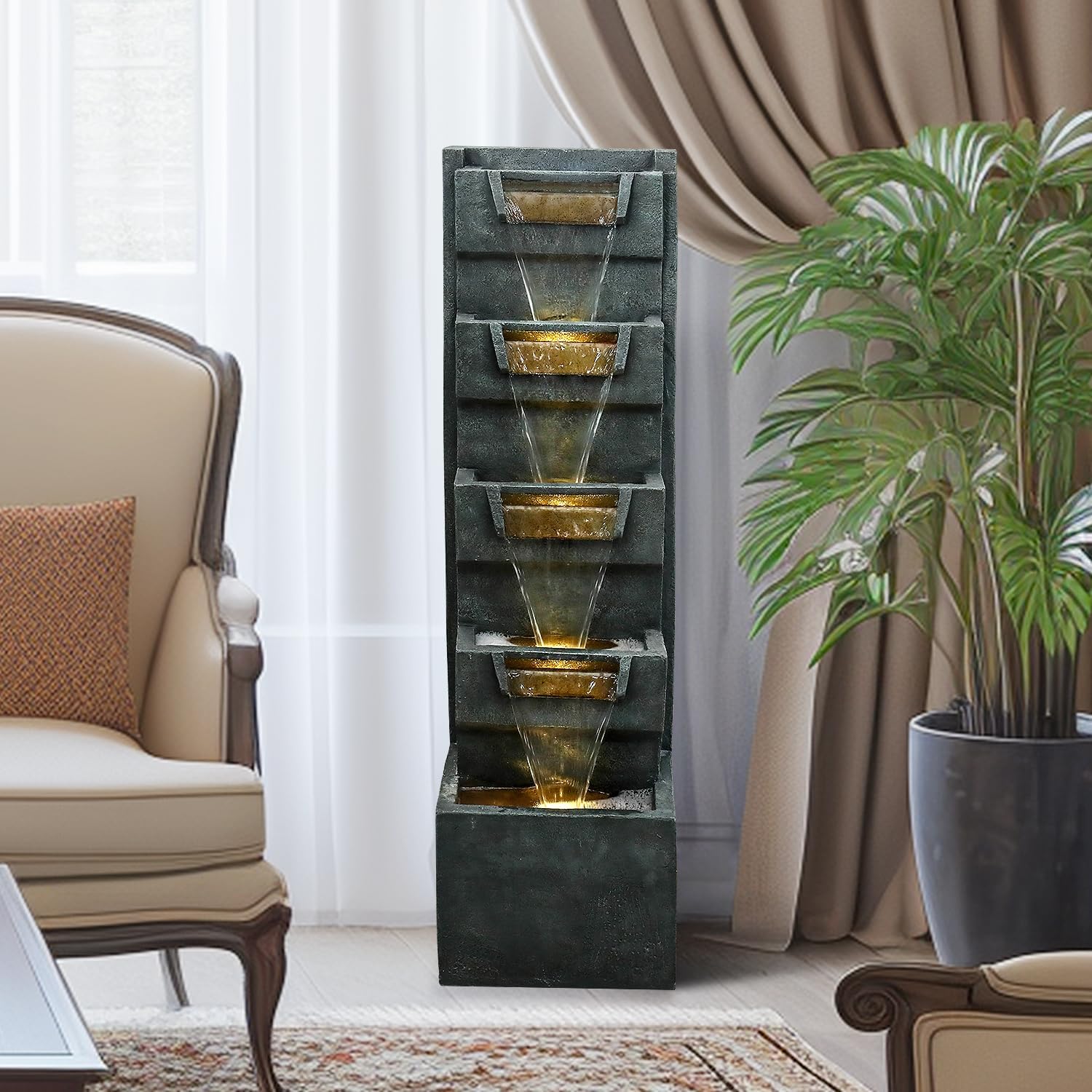 SunJet 4-Tiers Modern Cascading Indoor/Outdoor Fountains and Waterfalls with LED Lights - 39.3"