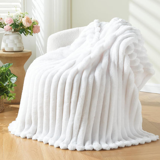 NEWCOSPLAY Super Soft Twin Blanket White Premium Silky Flannel Fleece 3D Ribbed Jacquard
