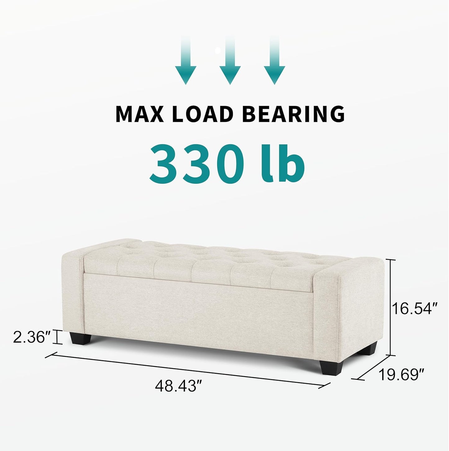 48" Ottoman with Storage, Storage Ottoman Bench with Safety Hinge, Upholstered Entryway Bench with