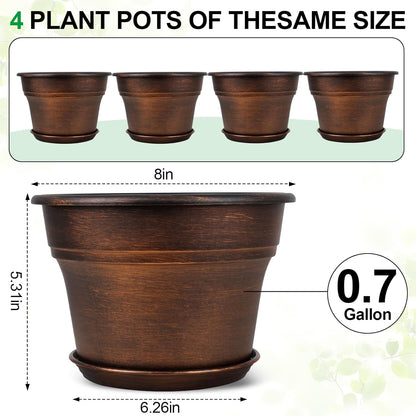 Plant Planters Pots Set of 4 Pack 8 Inch, Plastic Flower Pot for Indoor Plants with Drainage Holes