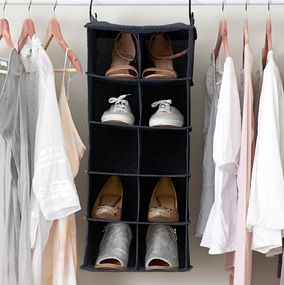 Household Essentials Hanging Cotton Blend and Plastic Closet Shoe Organizer with 10 Storage