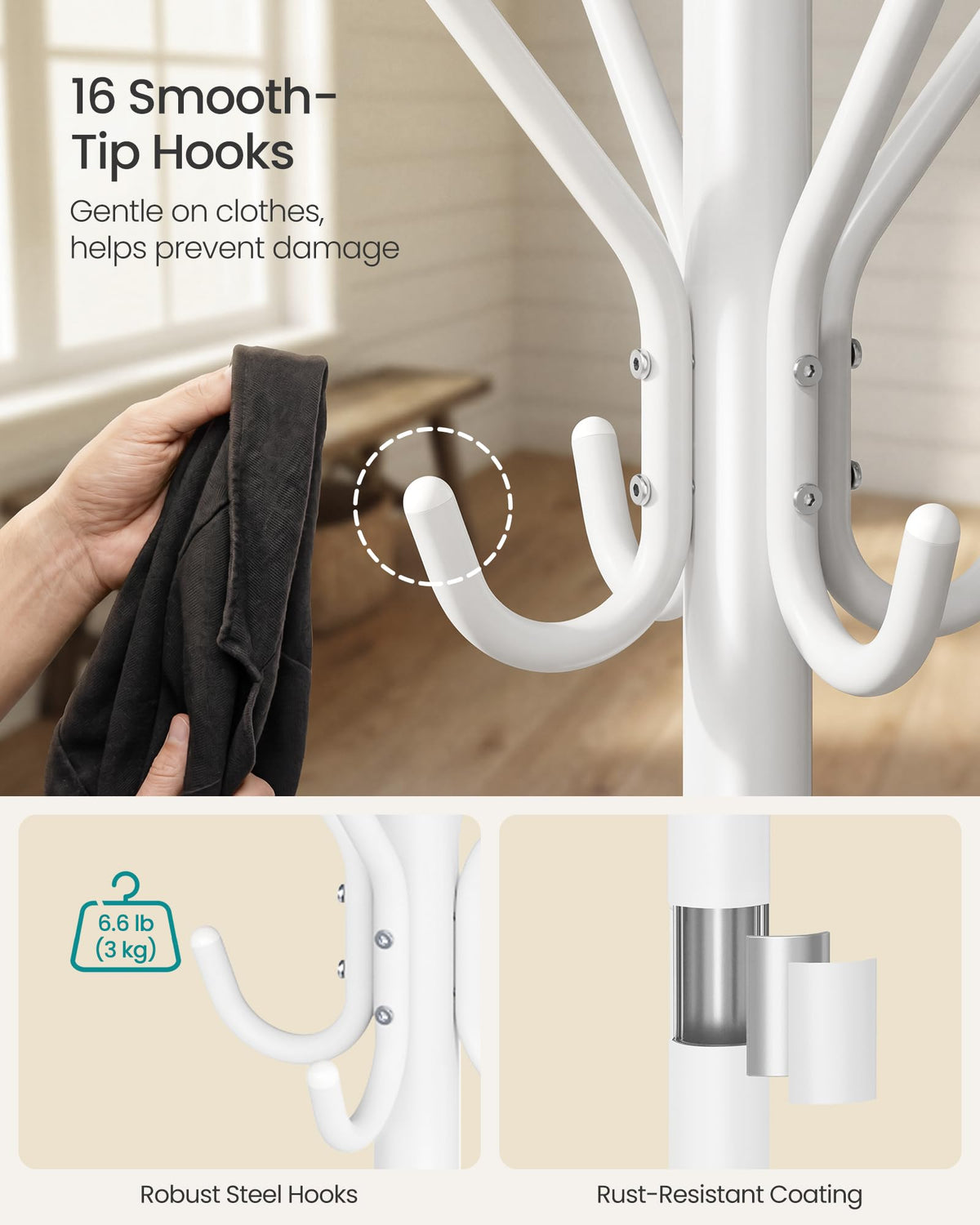 SONGMICS Coat Rack Freestanding with 16 Hooks, Metal Coat Tree Stand with 4 Adjustable Feet
