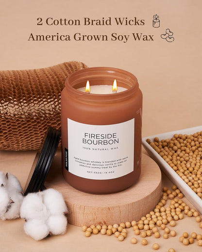 M&SENSE Fireside Bourbon Candles Strong Scented, 2 Wick Jar Candle 19.4oz 110 Hour Long Lasting