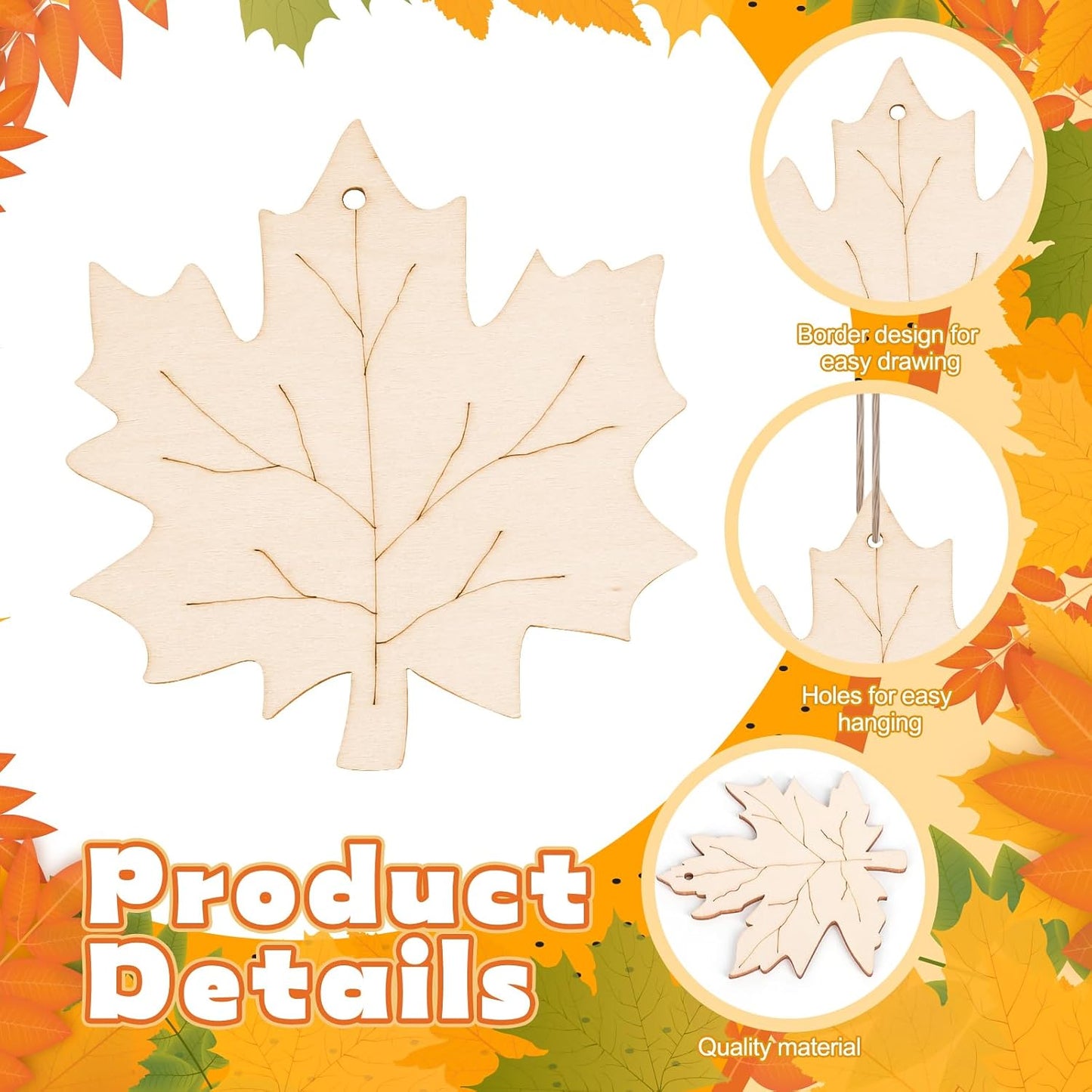 24 PCS Unfinished Wooden Fall Crafts, Maple Leaves Shaped Hanging Ornaments DIY Wood Craft Cutouts