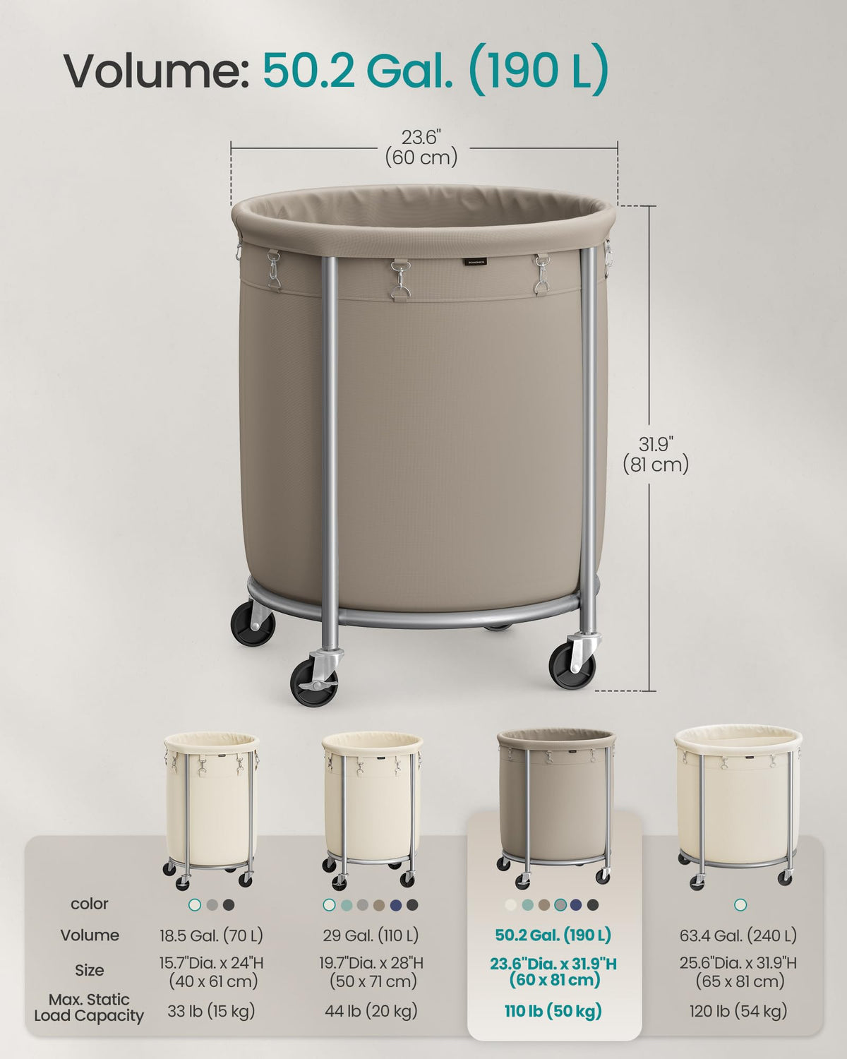 SONGMICS Laundry Basket with Wheels, 29 Gal., Steel Frame, Removable Bag