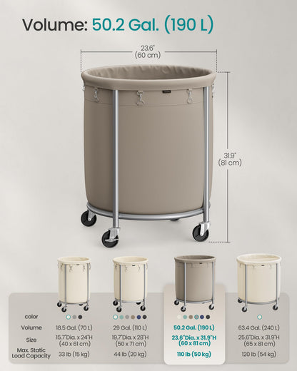 SONGMICS Laundry Basket with Wheels, 29 Gal., Steel Frame, Removable Bag
