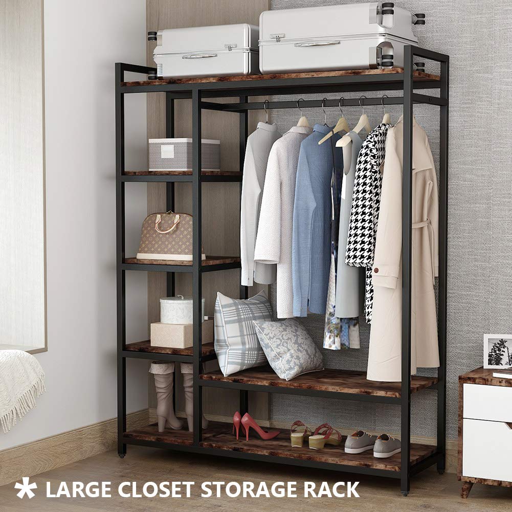 LITTLE TREE Free Standing Wood Closet Clothes Rack,Heavy Duty Grament Rack with Shelves,Hanging