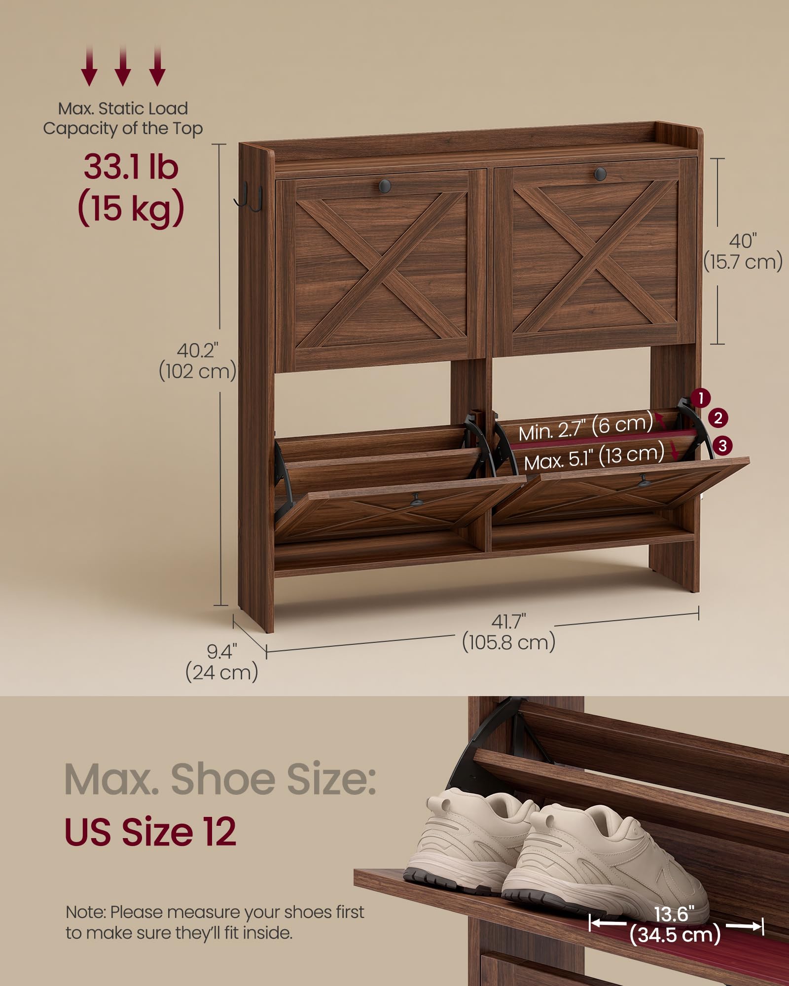 VASAGLE Shoe Storage Cabinet Organizer with 4 Flip Drawers, Freestanding Narrow Shoe Rack Cabinet