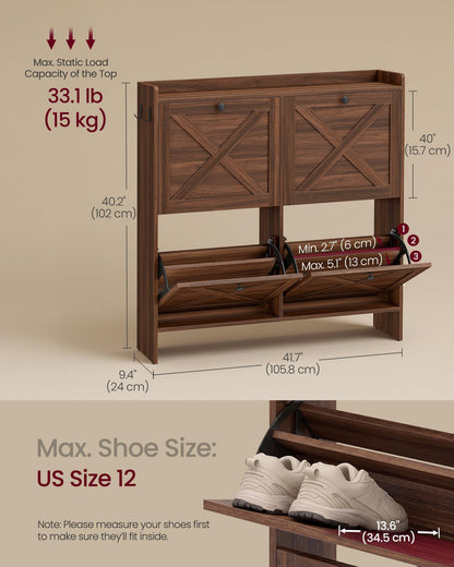VASAGLE Shoe Storage Cabinet Organizer with 4 Flip Drawers, Freestanding Narrow Shoe Rack Cabinet