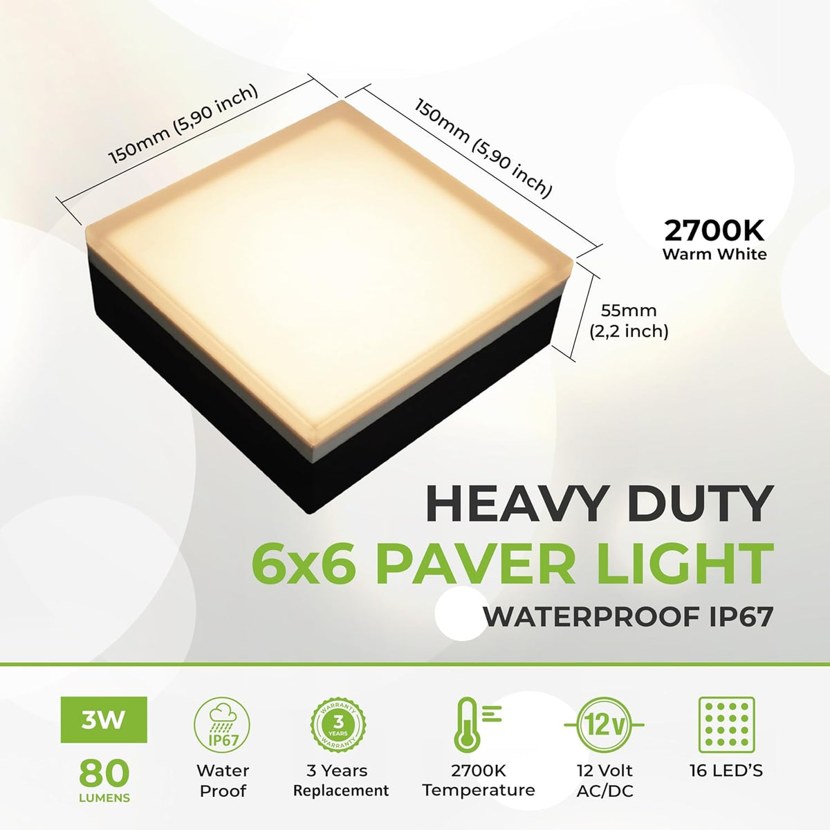 LUMENGY Paver Light 6×6 Inch (5.9 inch X 5.9 inch), Warm White Glare-Free Illumination for