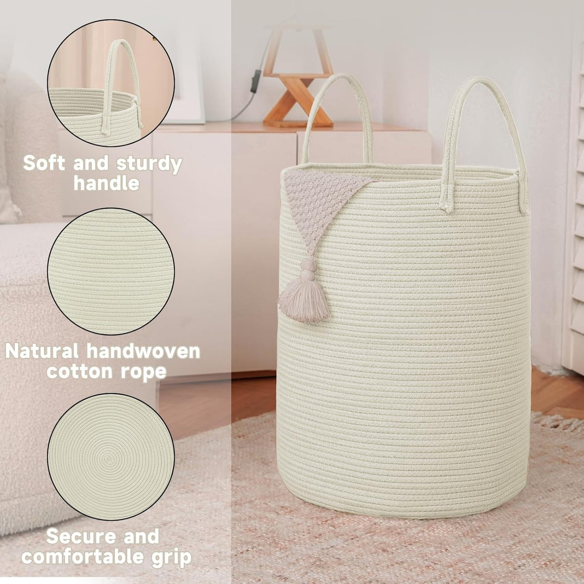 Large Woven Laundry Basket Hamper,60L Cotton Rope Storage Bin for Blankets,Toys and