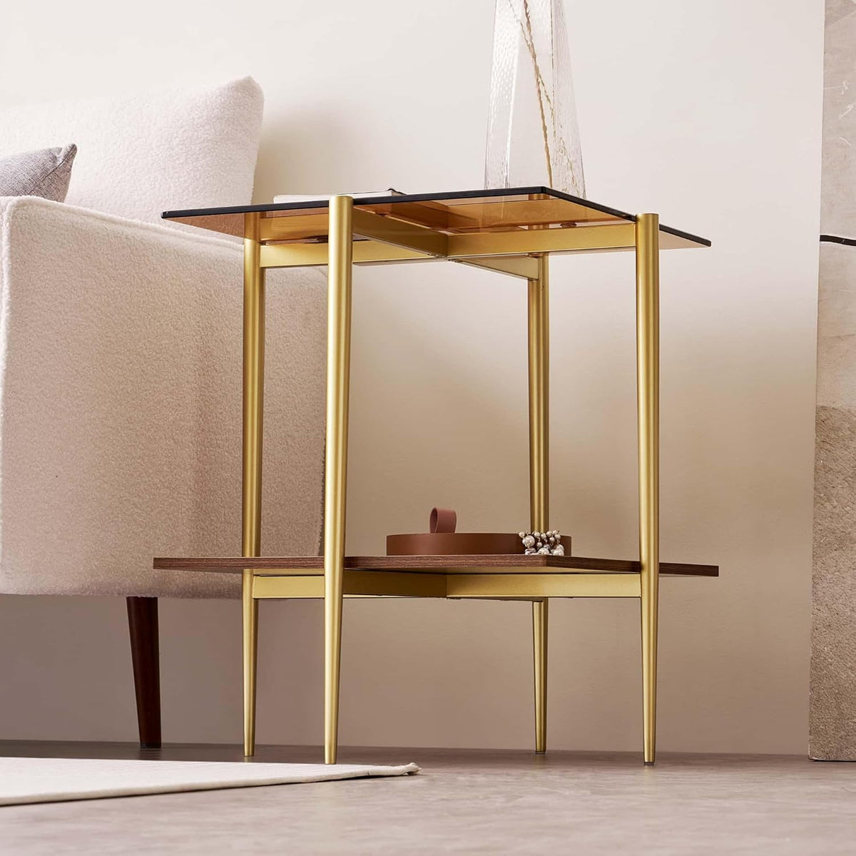 Glass End Table, Mid-Century Modern Design Sofa Table, L41 x W21 x H17, for Living Room, 2-Tier