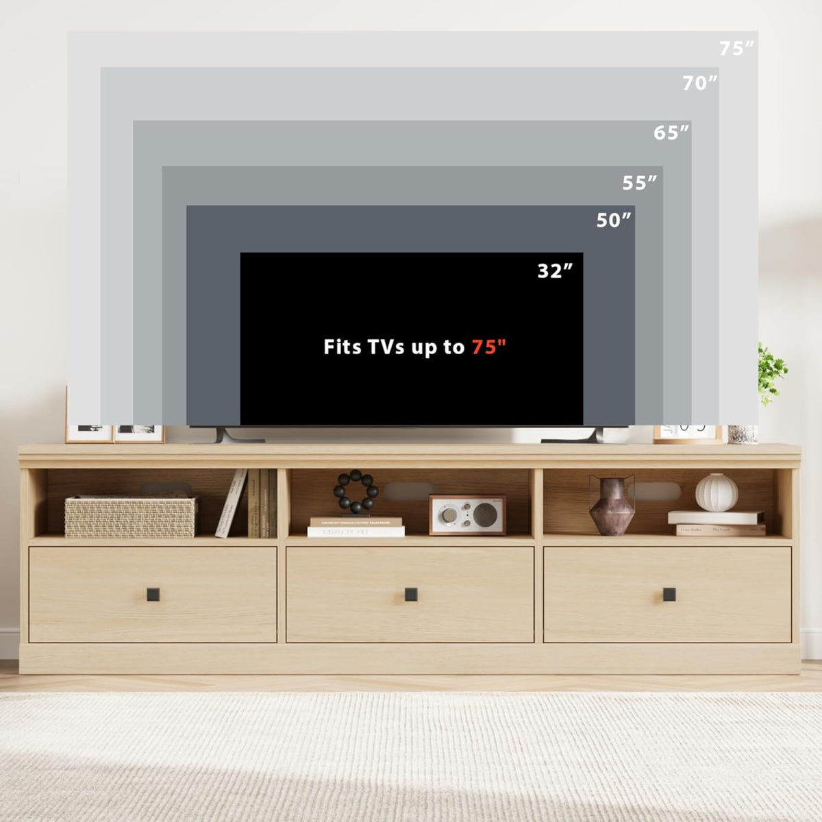 IDEALHOUSE 70in TV Stand for TVs up to 80", Mid Century Modern Entertainment Center with Storage