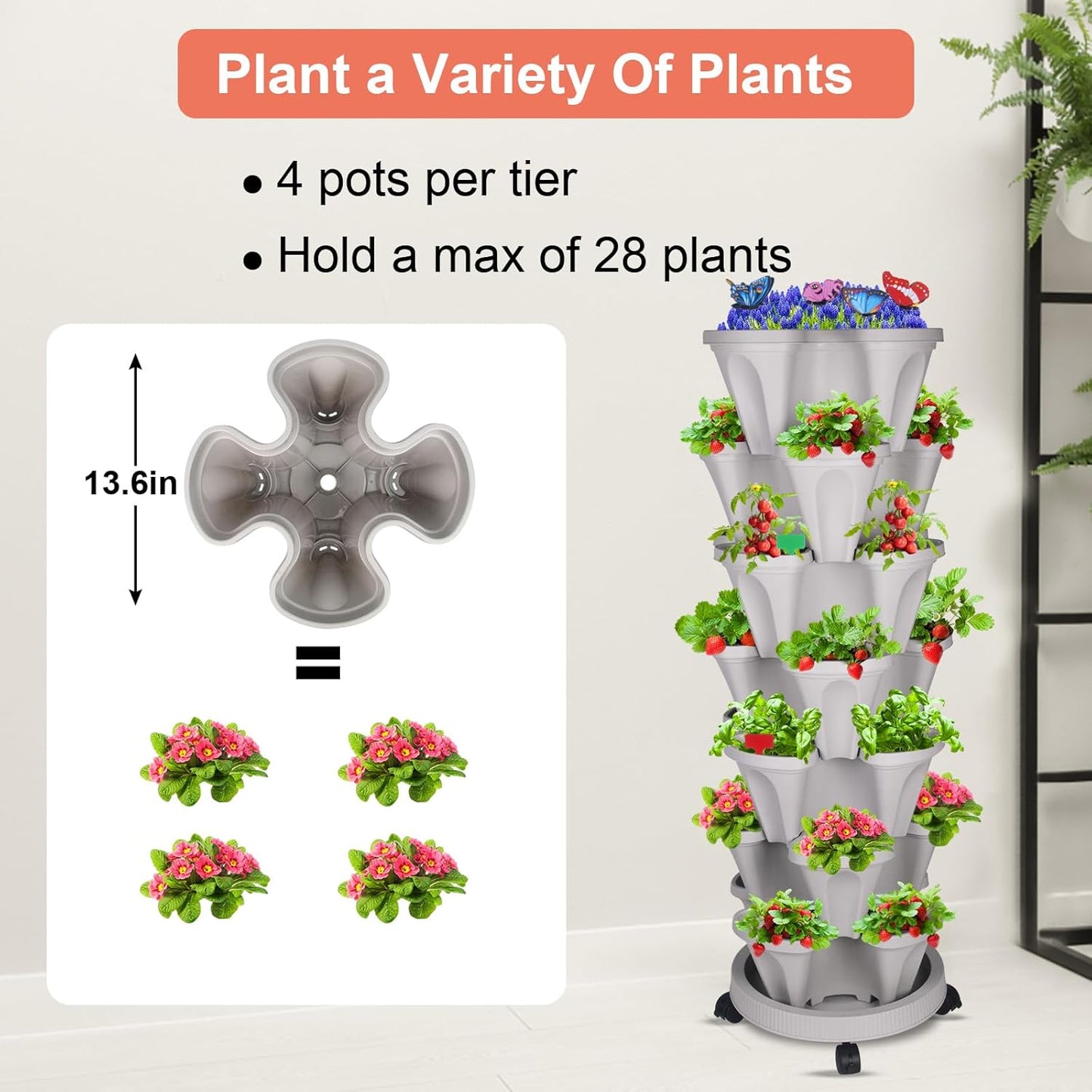 Vertical Planter, 7 Tier Stackable Strawberry Planter with Garden Tool Set, Movable Indoor/Outdoor