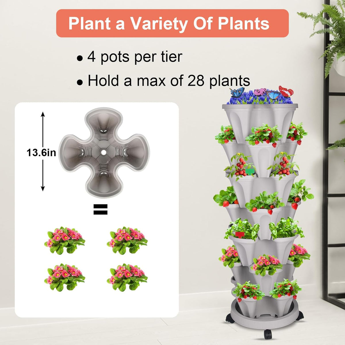 Vertical Planter, 7 Tier Stackable Strawberry Planter with Garden Tool Set, Movable Indoor/Outdoor