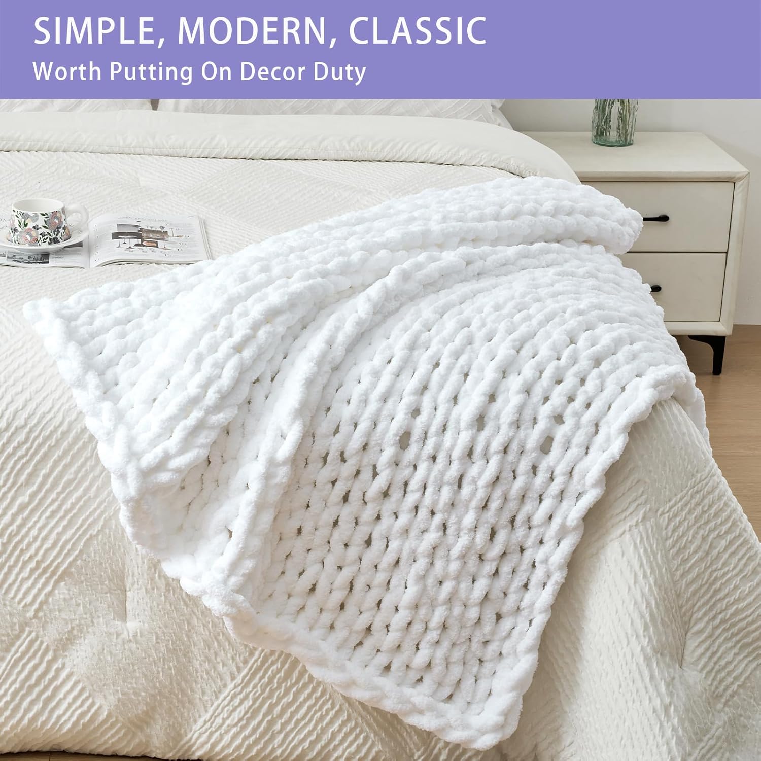 Bigacogo Chunky Knit Throw Blanket for Couch, 40x40 inches, 100% Hand Knitted with Thick Jumbo