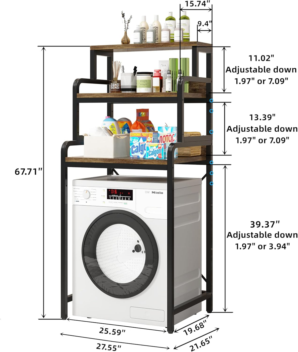 3-Tier Bathroom Room Shelf Washing Machine Storage Utility Rack Over The Toilet Washer Dryer