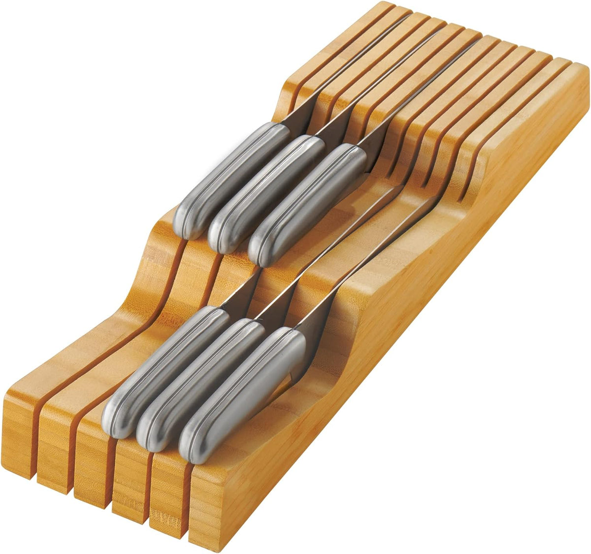 In-Drawer Knife Block - Bamboo Knife Drawer Organizer for Kitchen - Fits 5 Long + 6 Short Knives