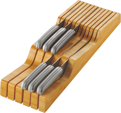 In-Drawer Knife Block - Bamboo Knife Drawer Organizer for Kitchen - Fits 5 Long + 6 Short Knives