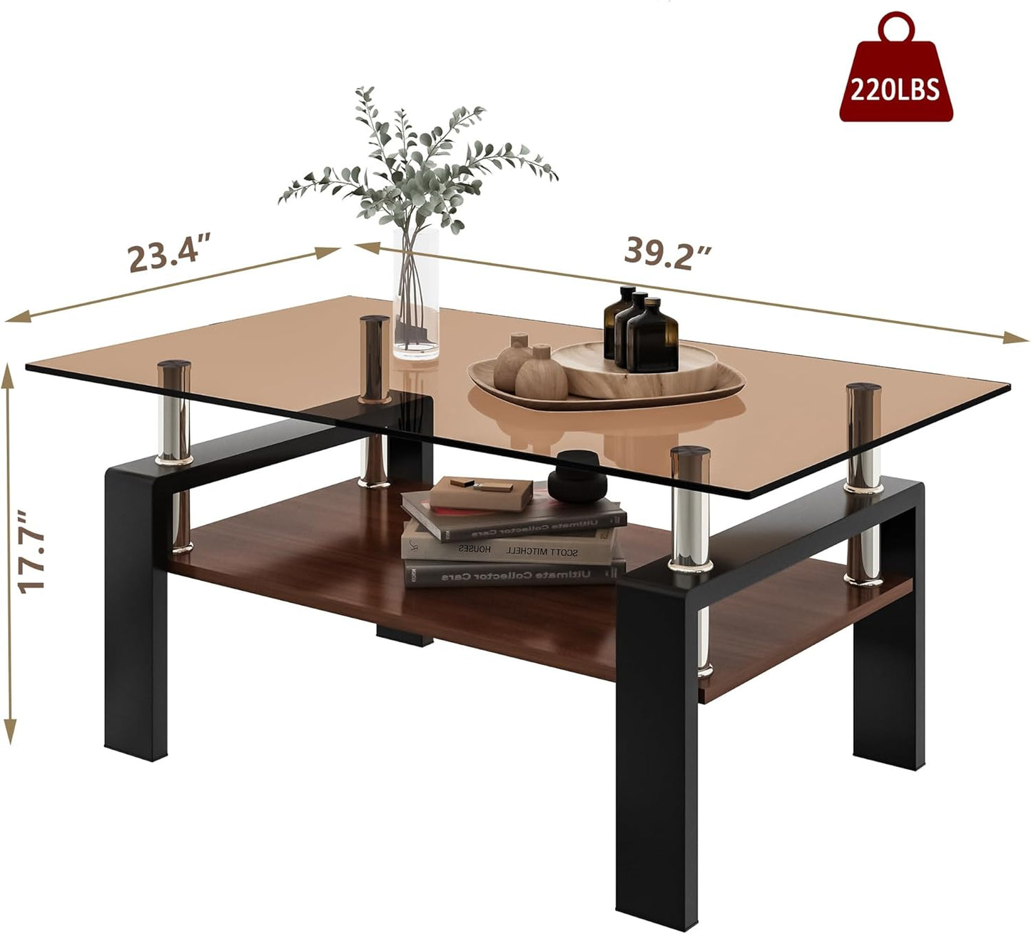 39" Brown Glass Coffee Table Walnut Modern Living Room Center Table Rectangle, with Wooden MDF