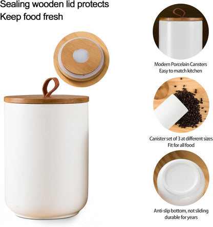 White Canister Sets for Kitchen, 3pcs Ceramic Canisters with Airtight Wooden Lid, Food Storage Jar