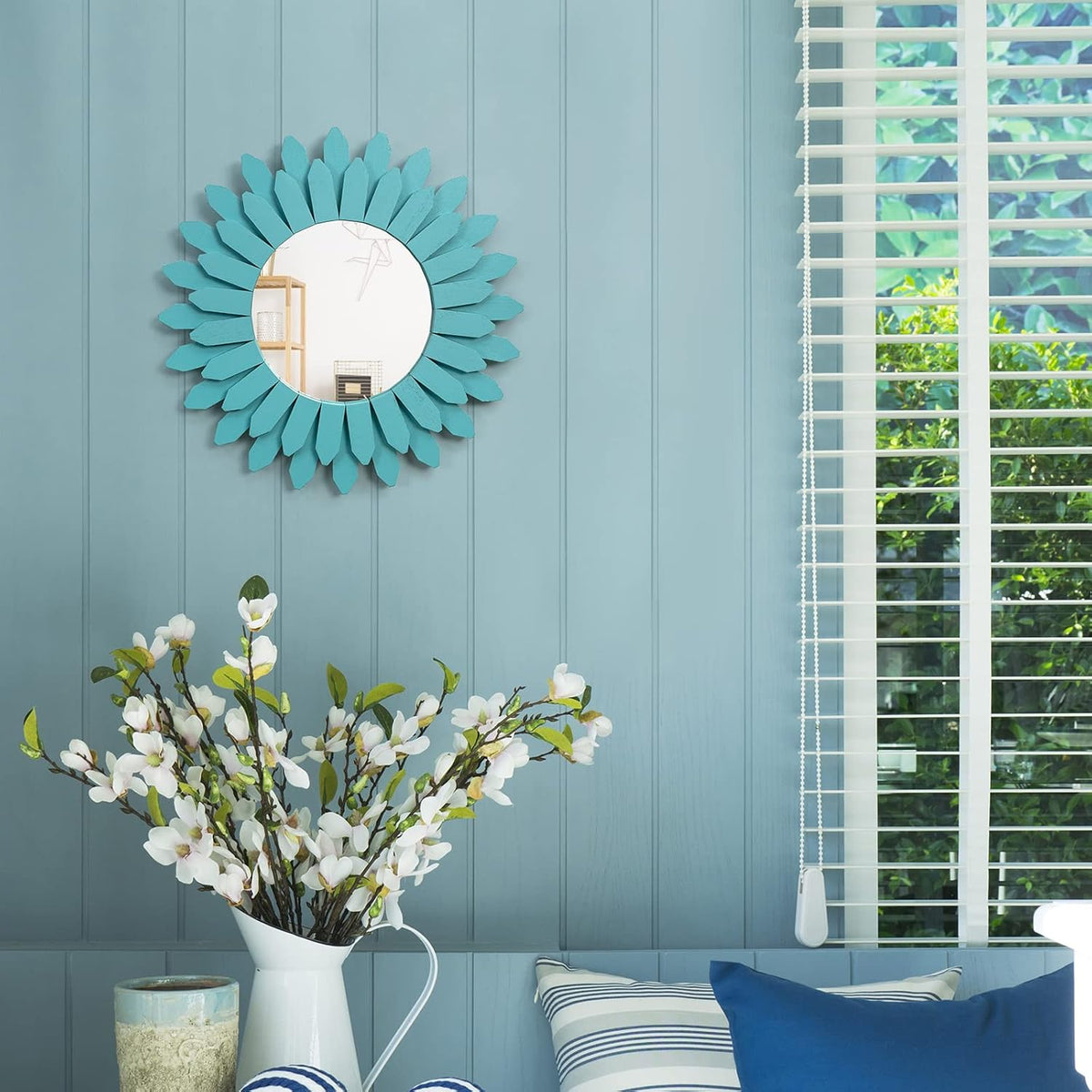 Honiway Beach Wall Decor Mirror 12 inch Wood Coastal Wall Decor Sunburst Boho Home Decor Room Decor