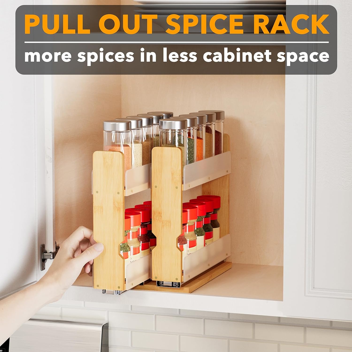SpaceAid Bamboo Pull Out Spice Rack Organizer for Cabinet, Heavy Duty Slide Out Seasoning Kitchen