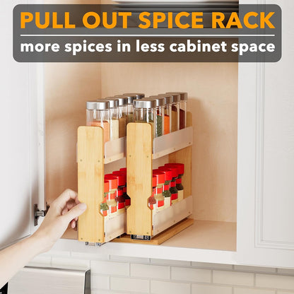 SpaceAid Bamboo Pull Out Spice Rack Organizer for Cabinet, Heavy Duty Slide Out Seasoning Kitchen