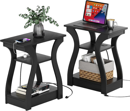 Black End Table Set of 2 with Charging Station, Side Table with USB Ports and Outlets, Black