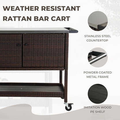 Grand patio Outdoor Wicker Bar Cart, Outdoor Bar Table with Stainless Steel Tabletop, Patio Kitchen