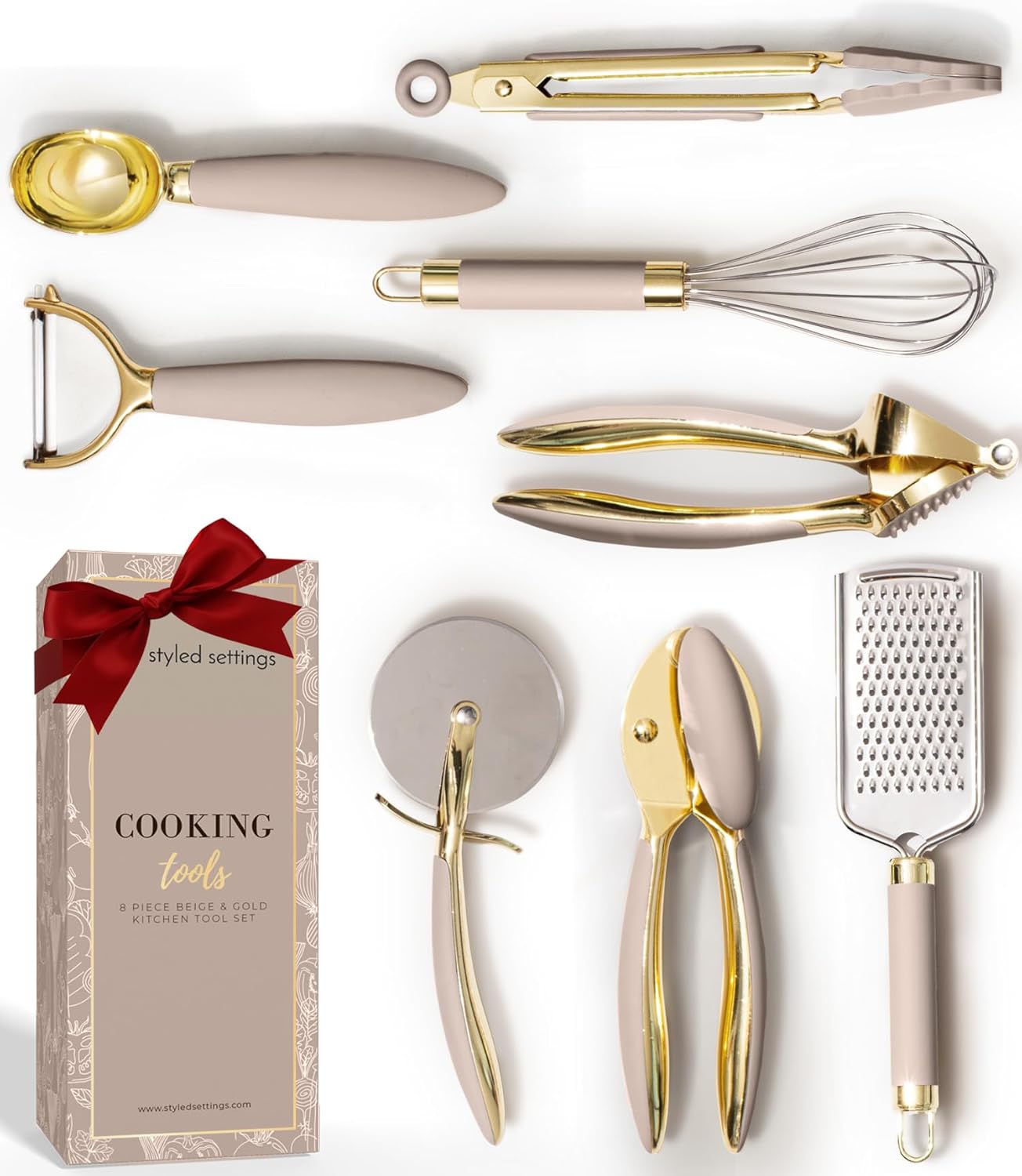 Gold and Beige Kitchen Utensils Set – 8 PC Cooking Gadgets with Mini Gold Whisk and Tongs, Pizza