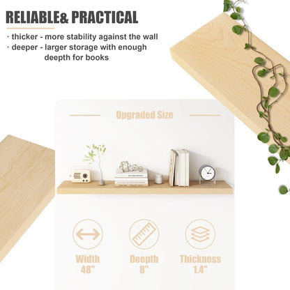 Floating Shelves for Wall, USA-Sourced Maple Wood 48 Inch Long Wall Shelves, Natural Wooden Mounted