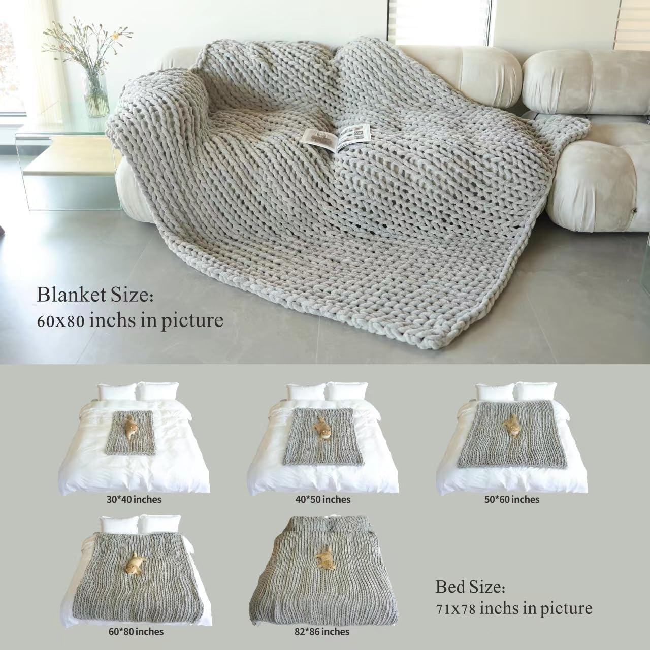 Maetoow Chenille Chunky Knit Blanket Throw (60×80 Inch), Handmade Warm & Cozy Blanket Couch, Bed