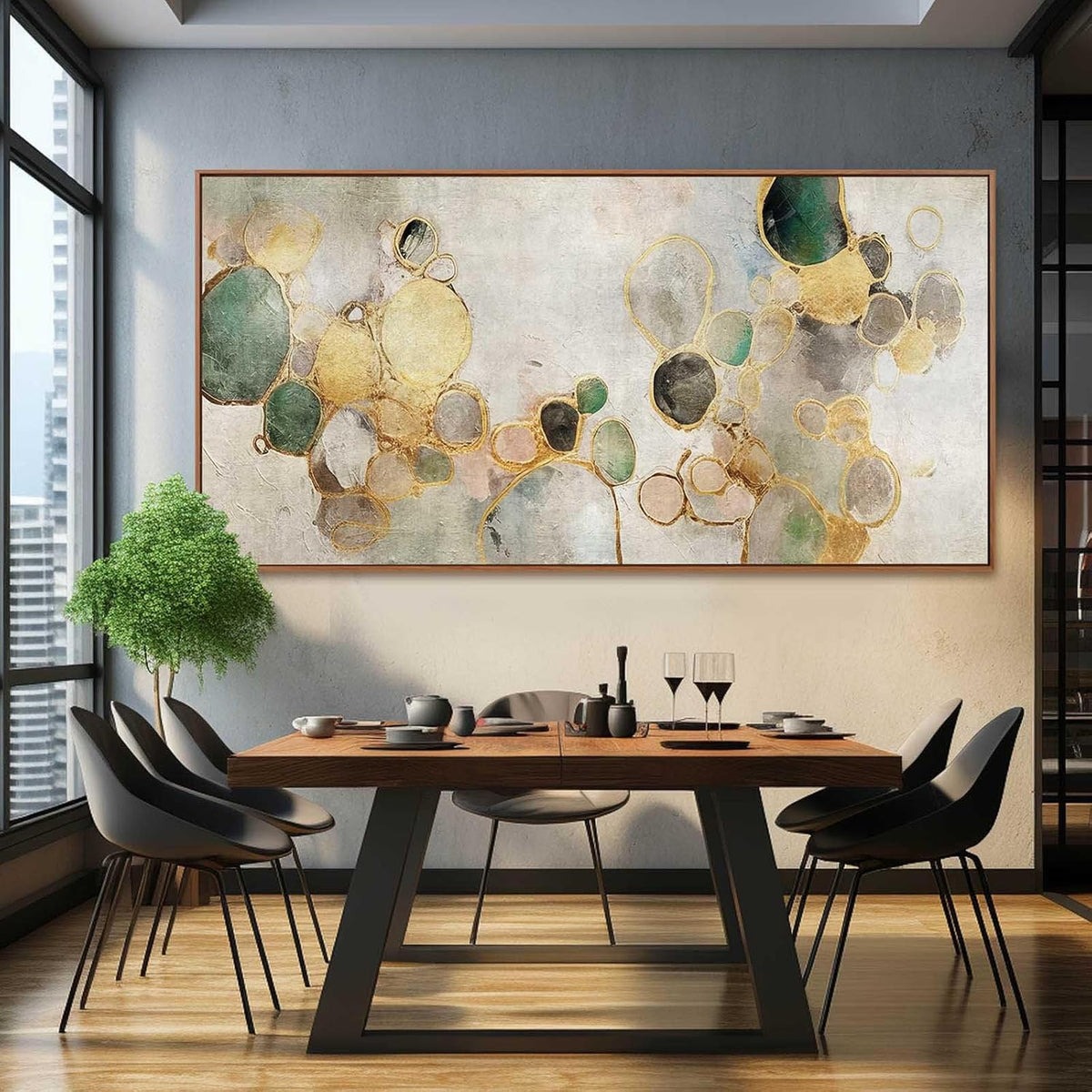 YJYart Circle Canvas Wall Decor Green and Gold Wall Art Posters Abstract Wall Decorations 36"x70"