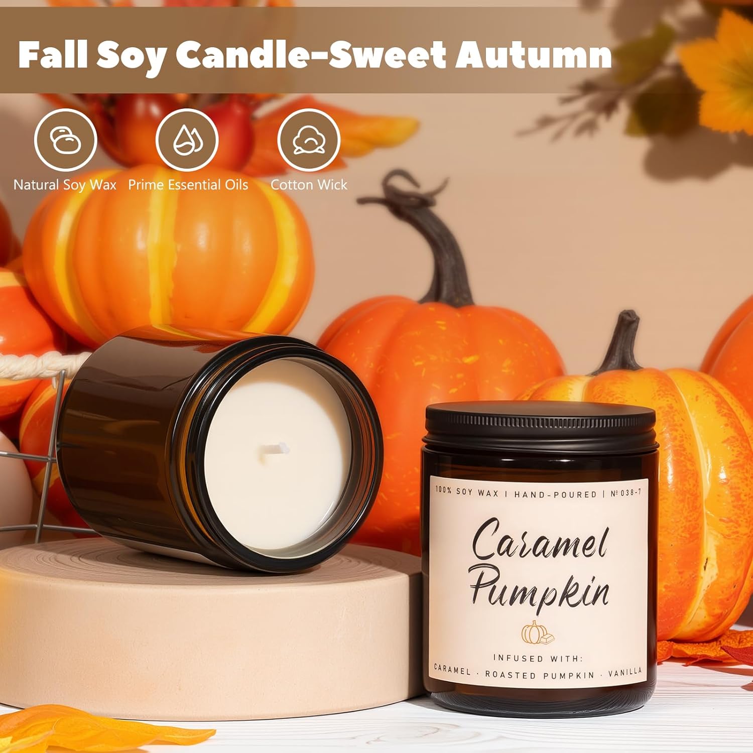 Auelife Fall Candle, Caramel Pumpkin Scented Candle – Fall Soy Candles for Home, Cozy Autumn