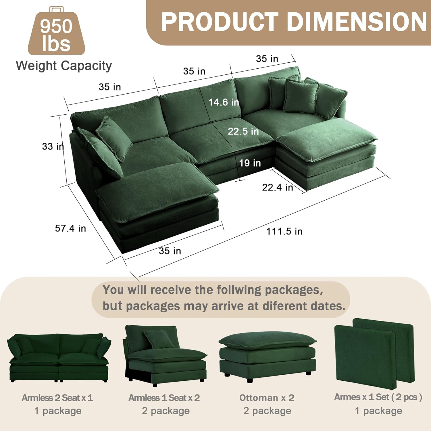 Sectional Sofa 3 Seater with Movable 2 Ottomans,Oversized Modular Couch Deep Seat (Green, 111.5