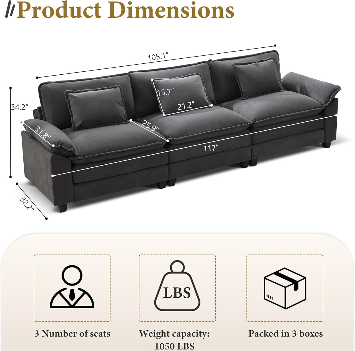 URRED Modular Sectional Sofa Comfy Cloud Couch, Modern Velvet Sofa Sleeper Deep Seat Couches with