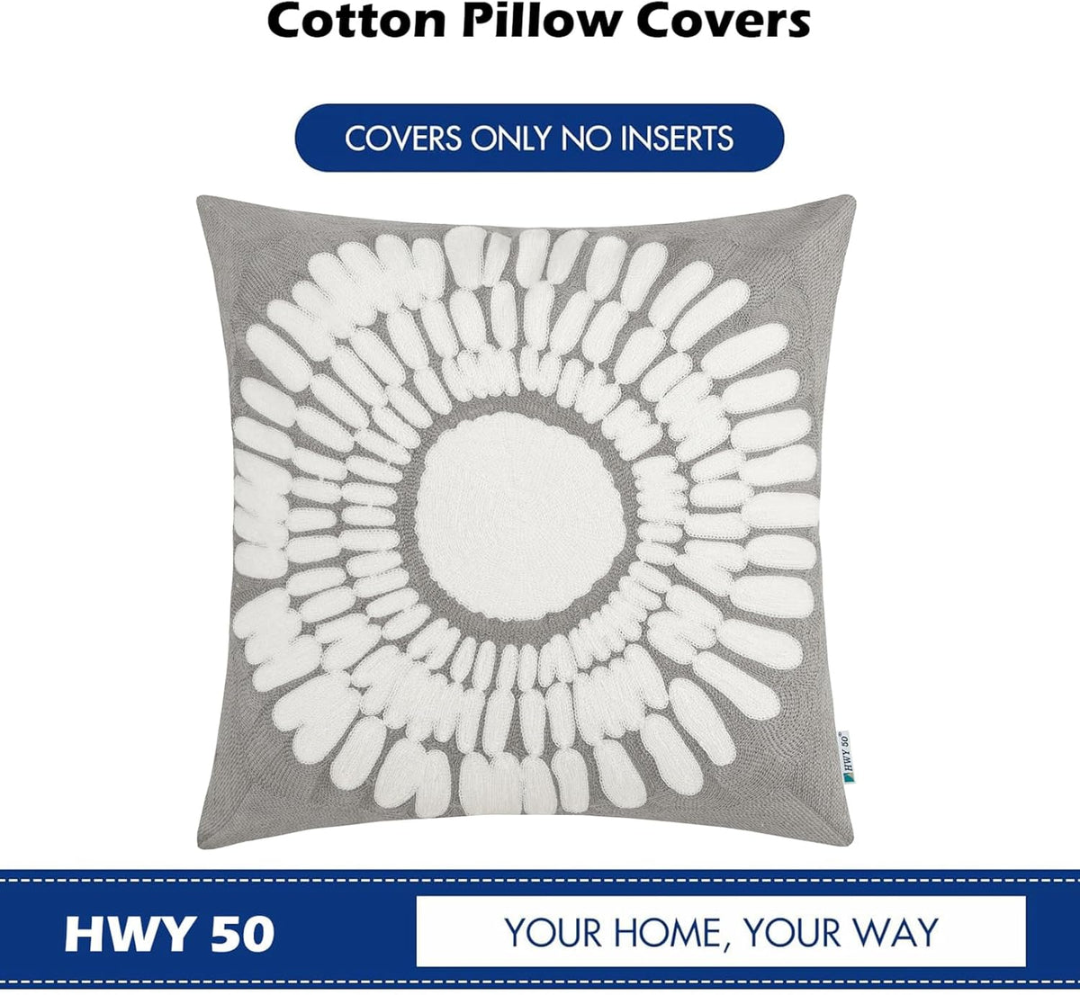 HWY 50 Grey Gray Decorative Throw Pillow Covers 18x18 Inch (1 Piece), Modern Embroidered Cotton