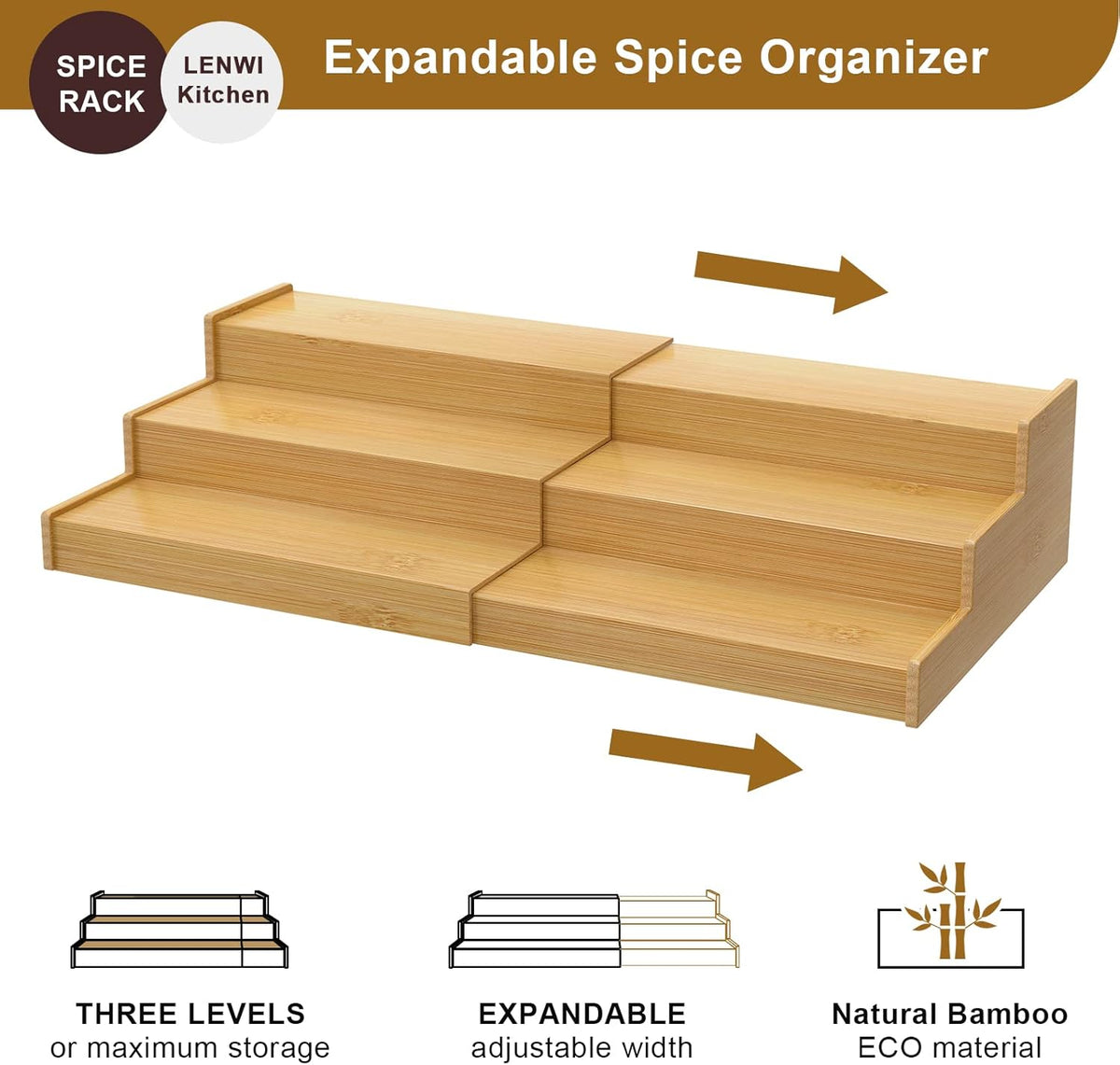 Spice Rack Organizer for Cabinet, 3 Tier Expandable Bamboo Spice Storage, Great for Kitchen