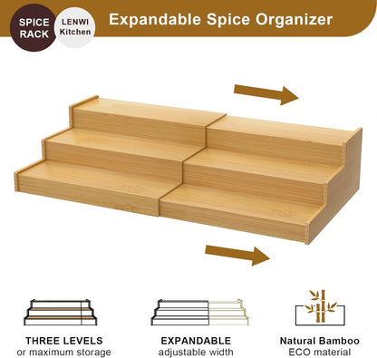 Spice Rack Organizer for Cabinet, 3 Tier Expandable Bamboo Spice Storage, Great for Kitchen