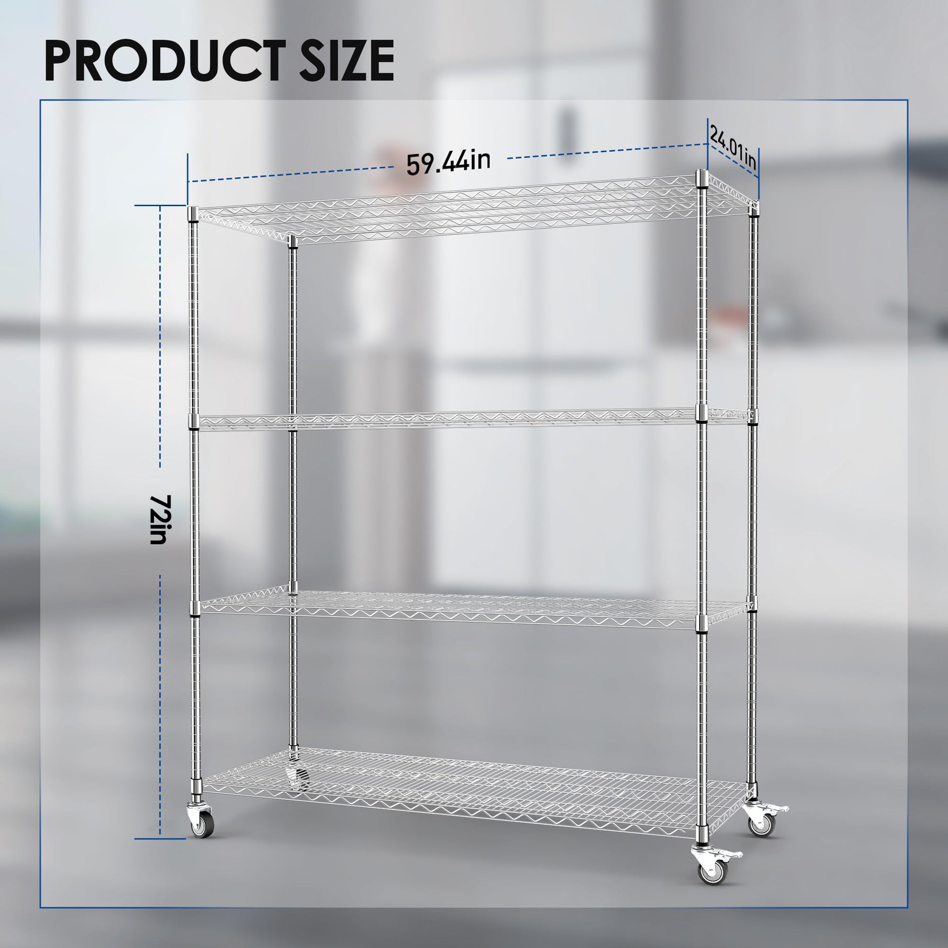 Rengue 60" W Storage Shelves with Wheels 4-Tier Heavy Duty Wire Shelving 72" H x 24" D Large Metal