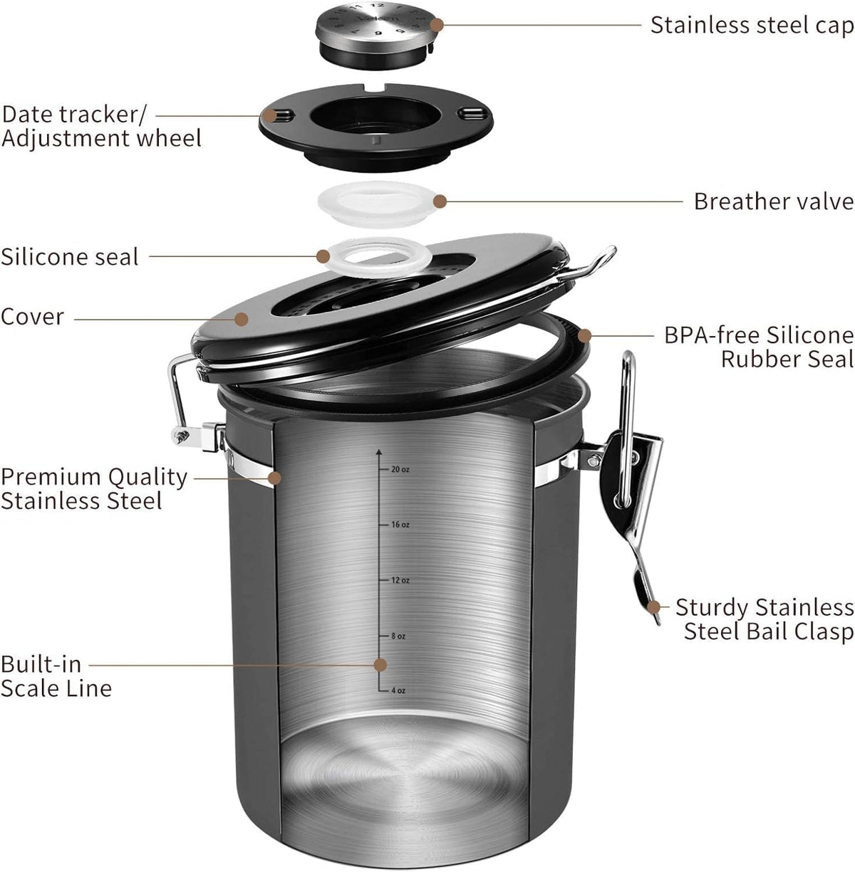 Veken Coffee Canister with Window,Airtight Stainless Steel Kitchen Food Storage Container, Date