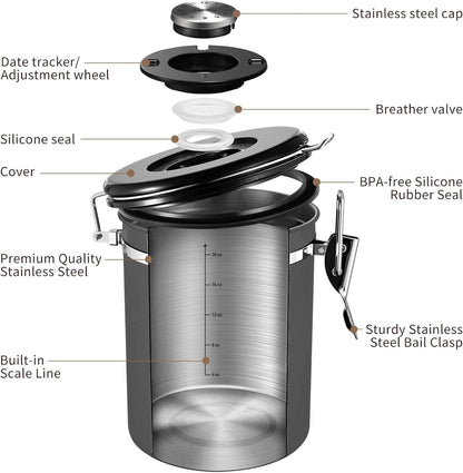 Veken Coffee Canister with Window,Airtight Stainless Steel Kitchen Food Storage Container, Date