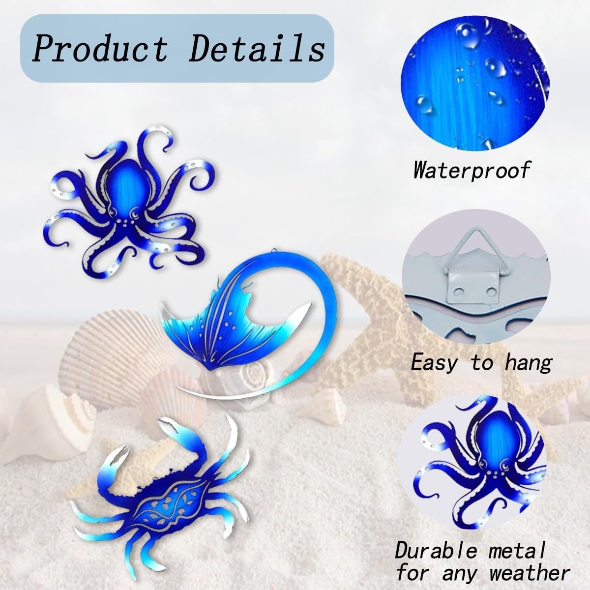 Weibefee Metal Wall Art Decor Octopus Crab Manta Ray Coastal Nautical Ocean Decor Concise 9'' Set