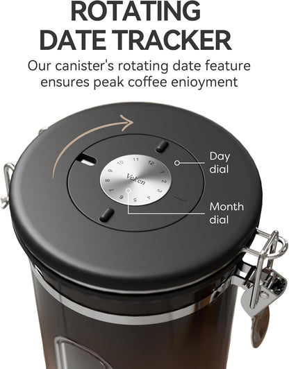 Veken Coffee Canister with Window,Airtight Stainless Steel Kitchen Food Storage Container, Date