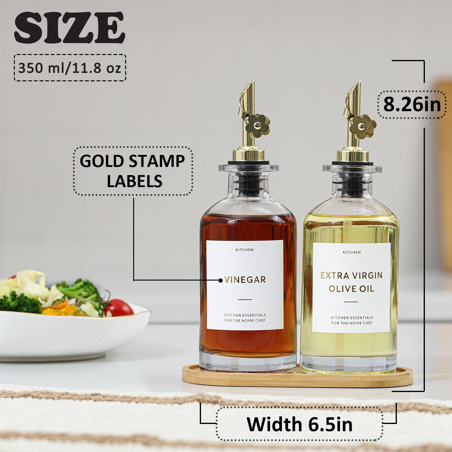 HOMCDALY Olive Oil Dispenser for Kitchen, 11.8oz Glass Dispenser Bottles with Pourer for Kitchen