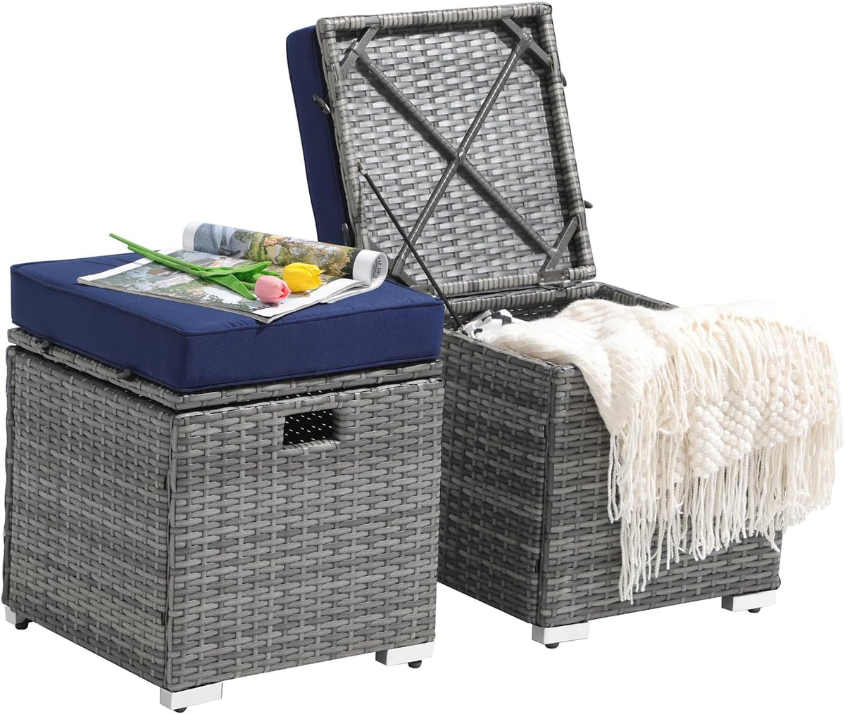 Patiorama 2 Piece Outdoor Patio Ottomans,All-Weather Grey PE Rattan Wicker Ottoman with