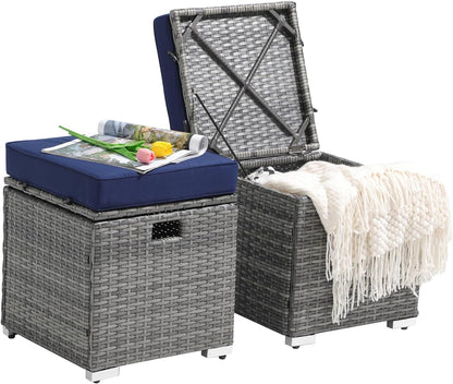 Patiorama 2 Piece Outdoor Patio Ottomans,All-Weather Grey PE Rattan Wicker Ottoman with