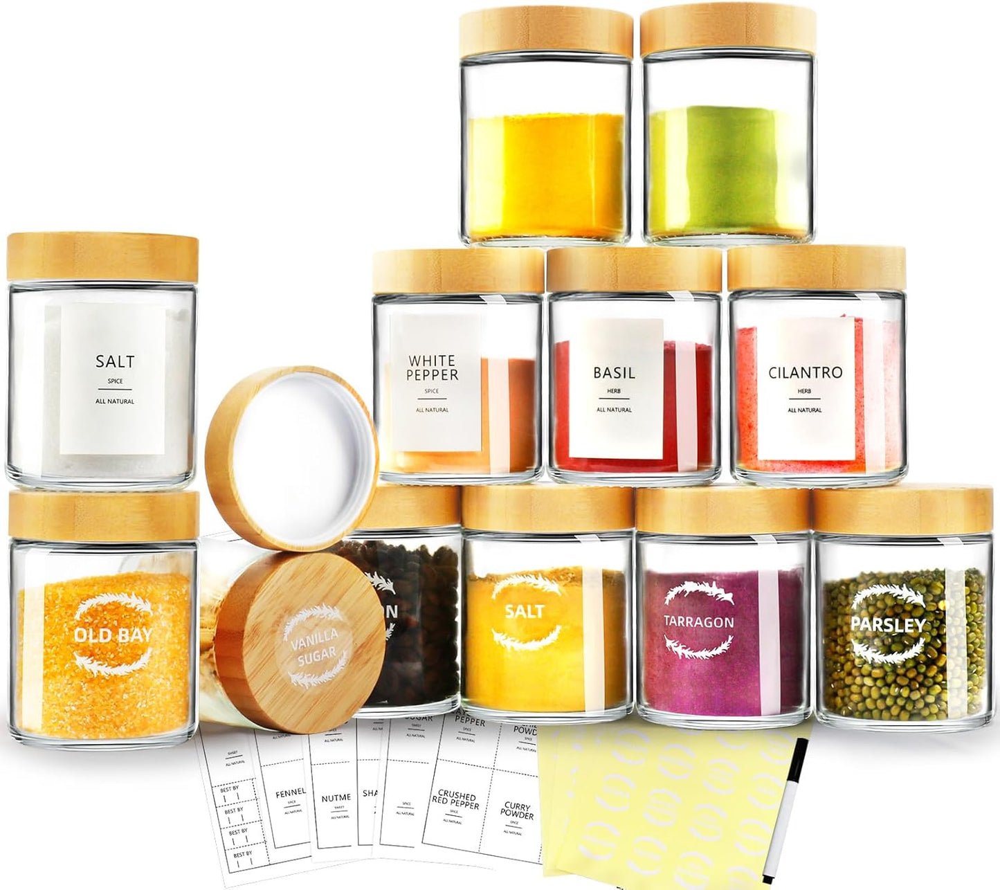 AISIPRIN Spice Jars with Label,12 Pcs 8oz Glass Jars with Bamboo Lids,Spice Organizer for